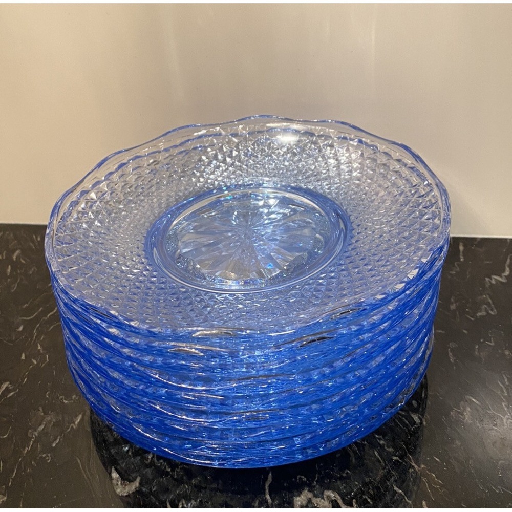Vintage Blue Cut Glass Plates 7 7/8" Diamond Set Of 9 Made In Italy